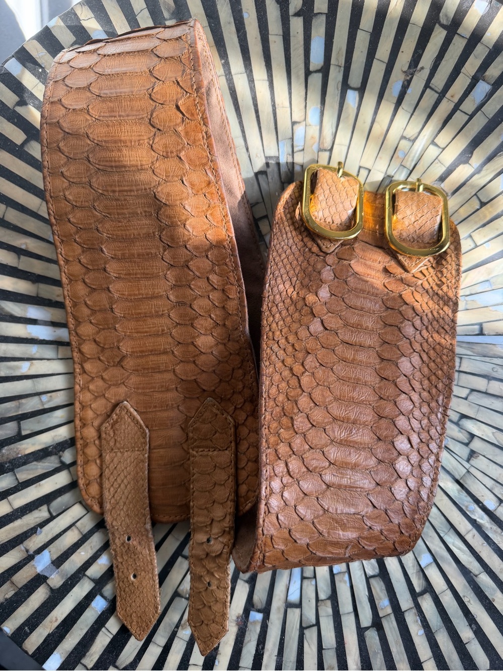 Wide Brown Textured Leather Belt with Gold Buckles